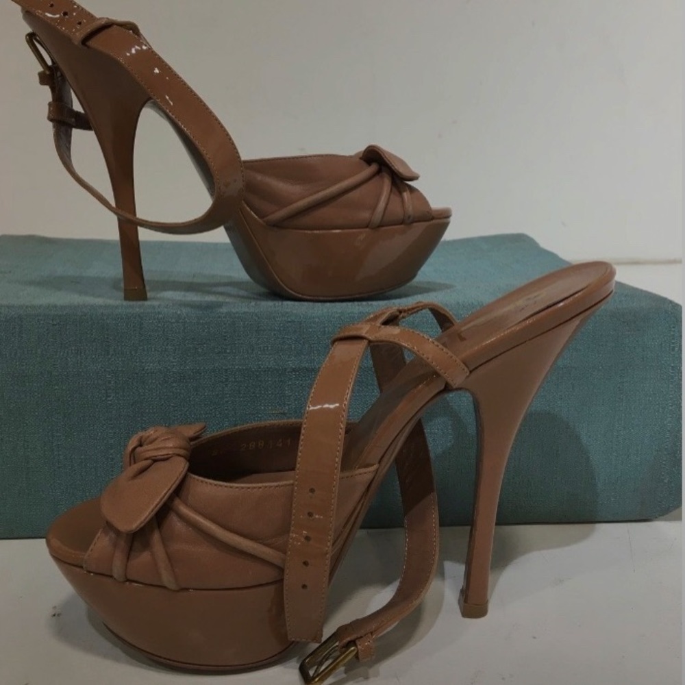 YSL Platform Knotted Leather Stiletto Heels • Authentic • Size: 37.5 / Size: 7